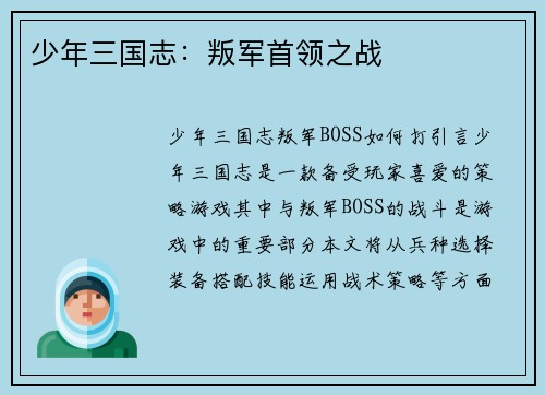 少年三国志：叛军首领之战